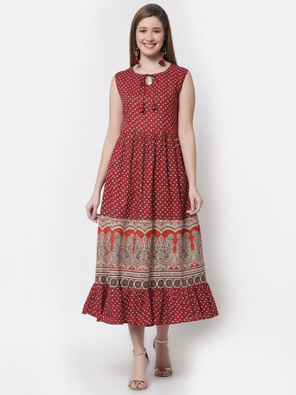 Women's Stylish Cotton Round Neck Sleeveless Printed Dress