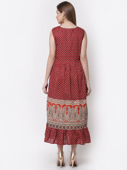 Women's Stylish Cotton Round Neck Sleeveless Printed Dress