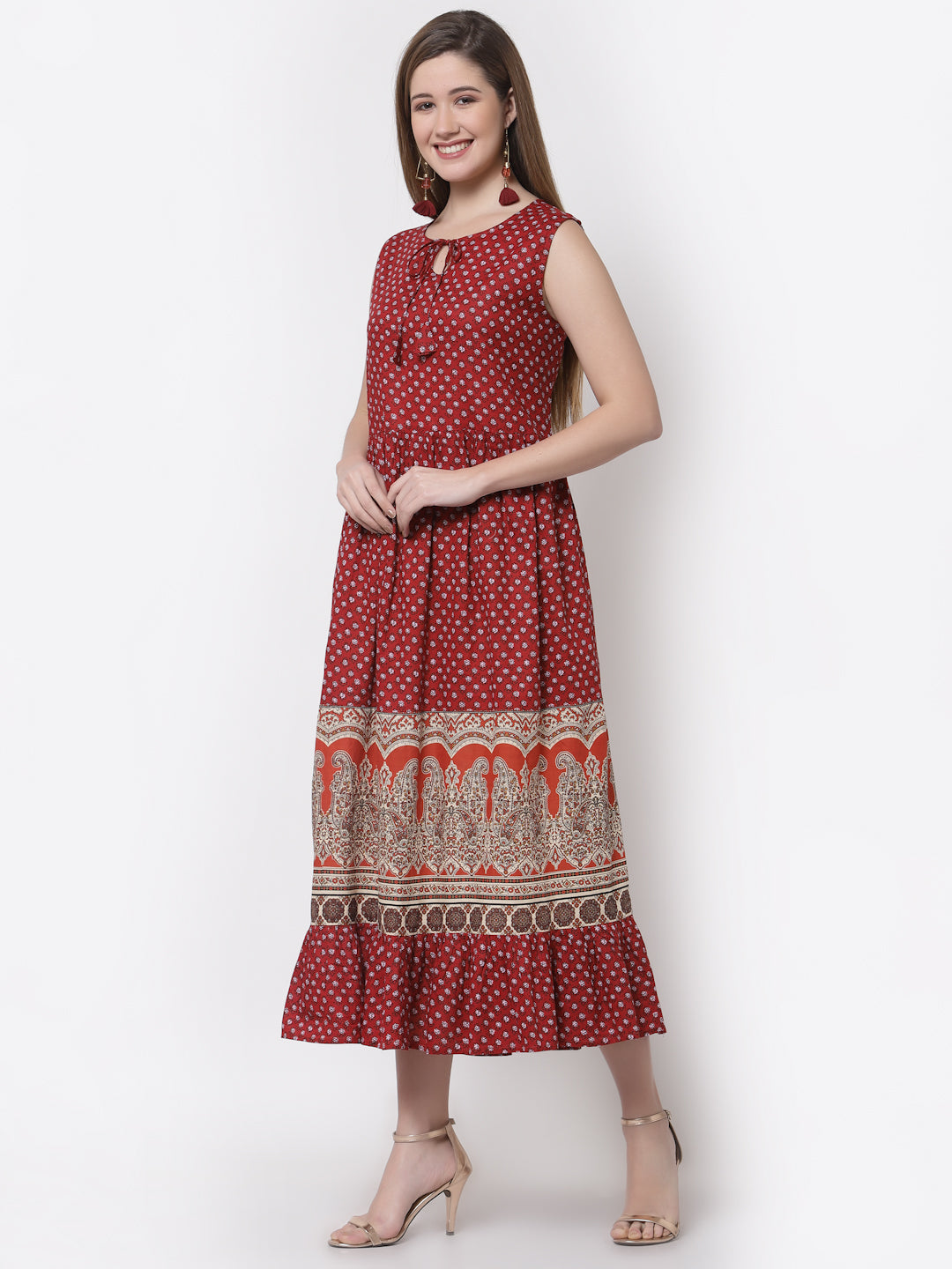 Women's Stylish Cotton Round Neck Sleeveless Printed Dress