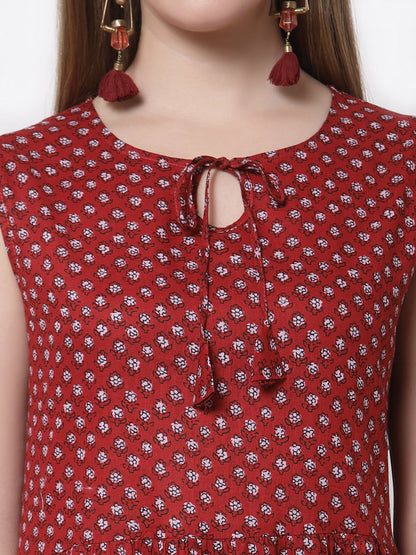 Women's Stylish Cotton Round Neck Sleeveless Printed Dress