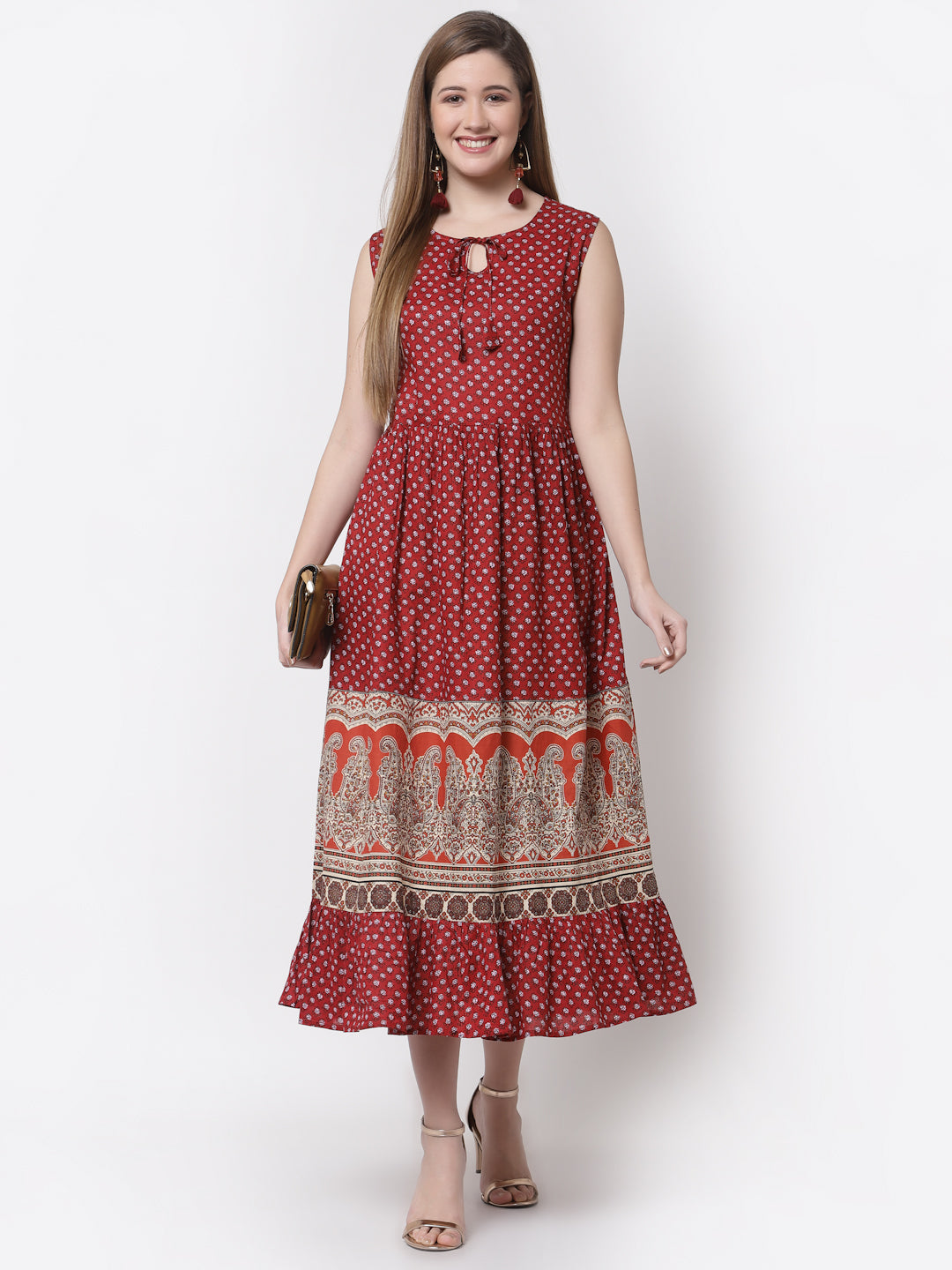 Women's Stylish Cotton Round Neck Sleeveless Printed Dress