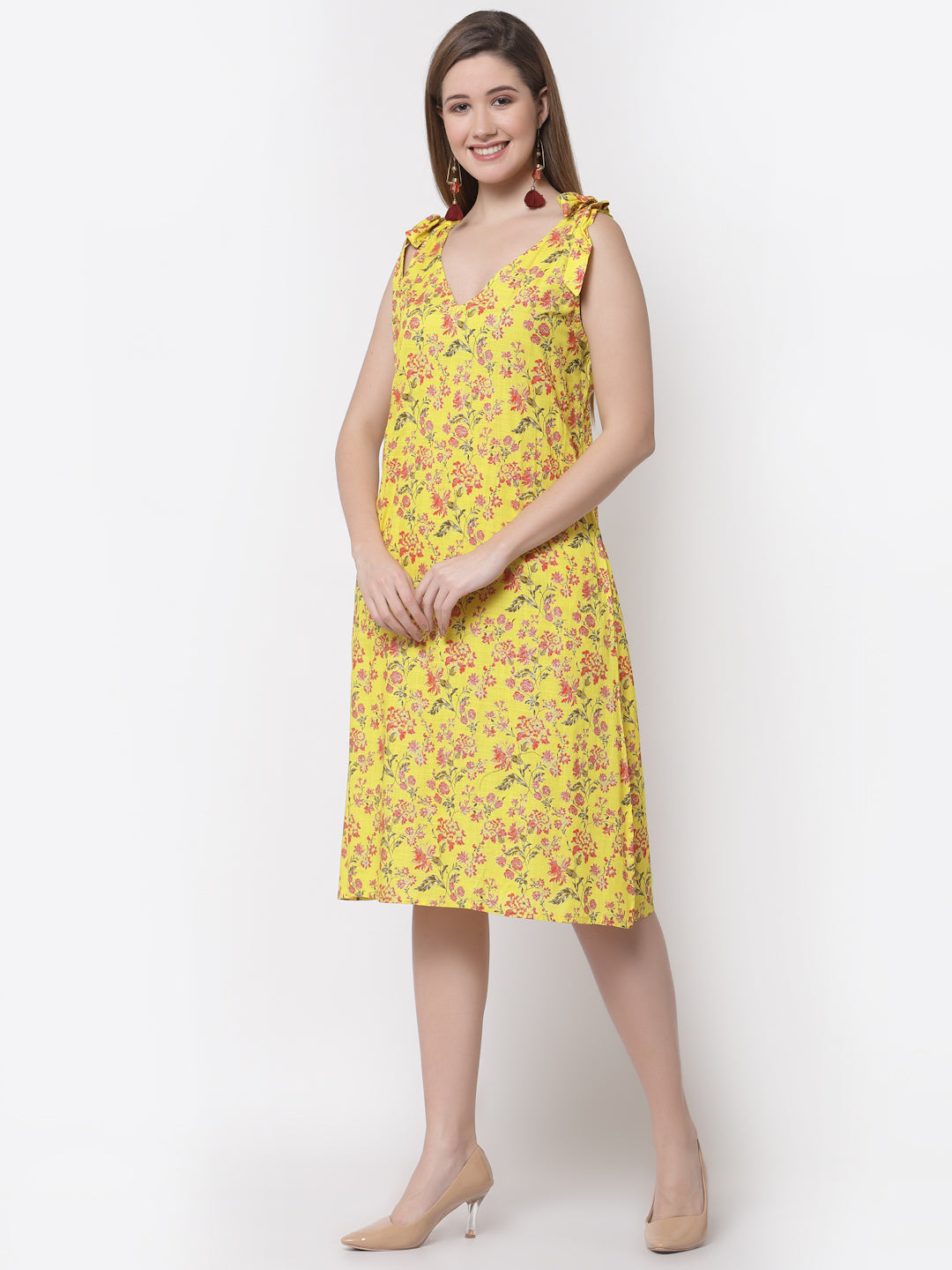 Women's Stylish Cotton V Neck Sleeveless Printed Dress