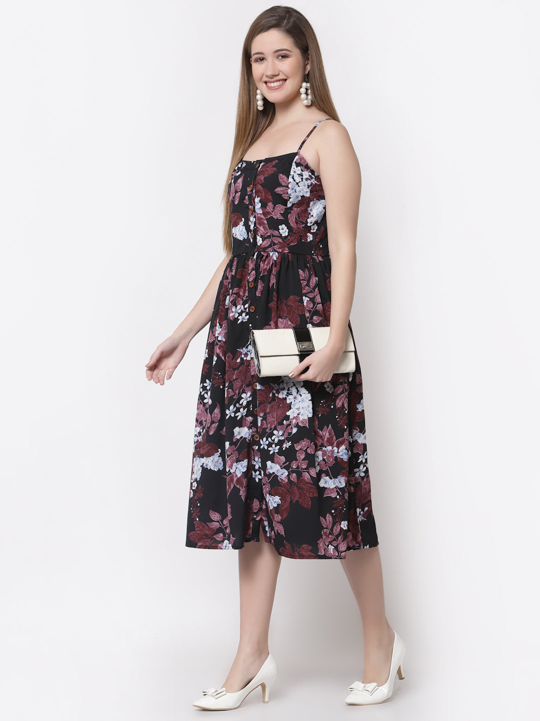 Women's Stylish Crepe Square Neck Sleeveless Printed Dress