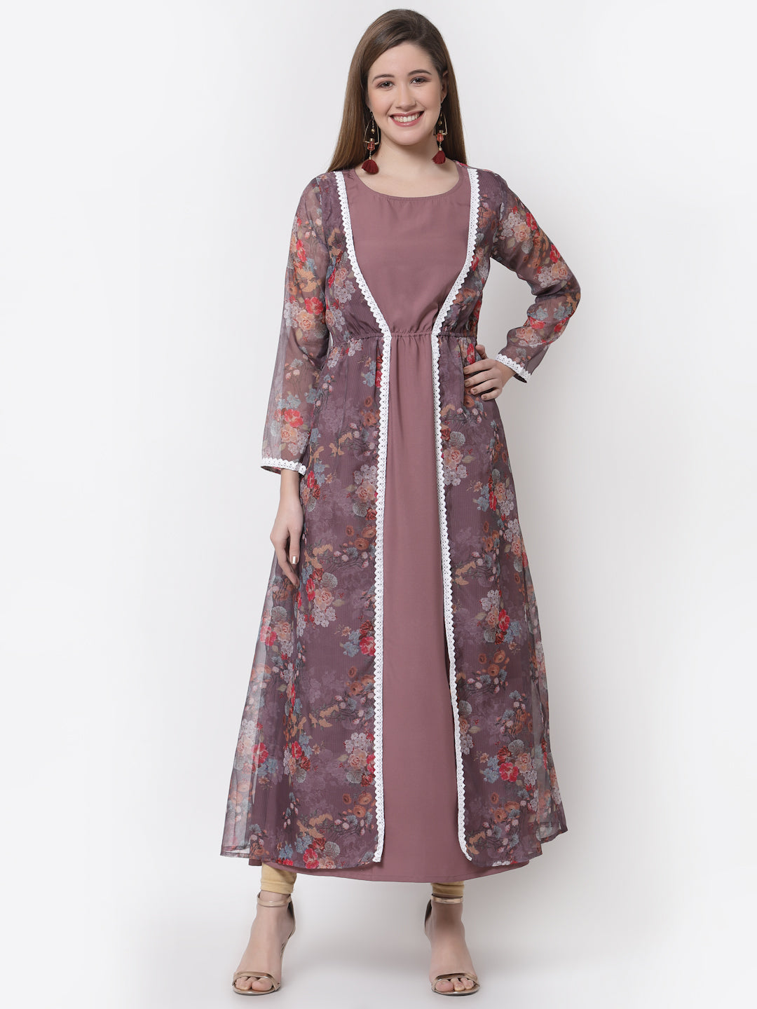 Women's Stylish Organza Round Neck Full Sleeve Printed Dress
