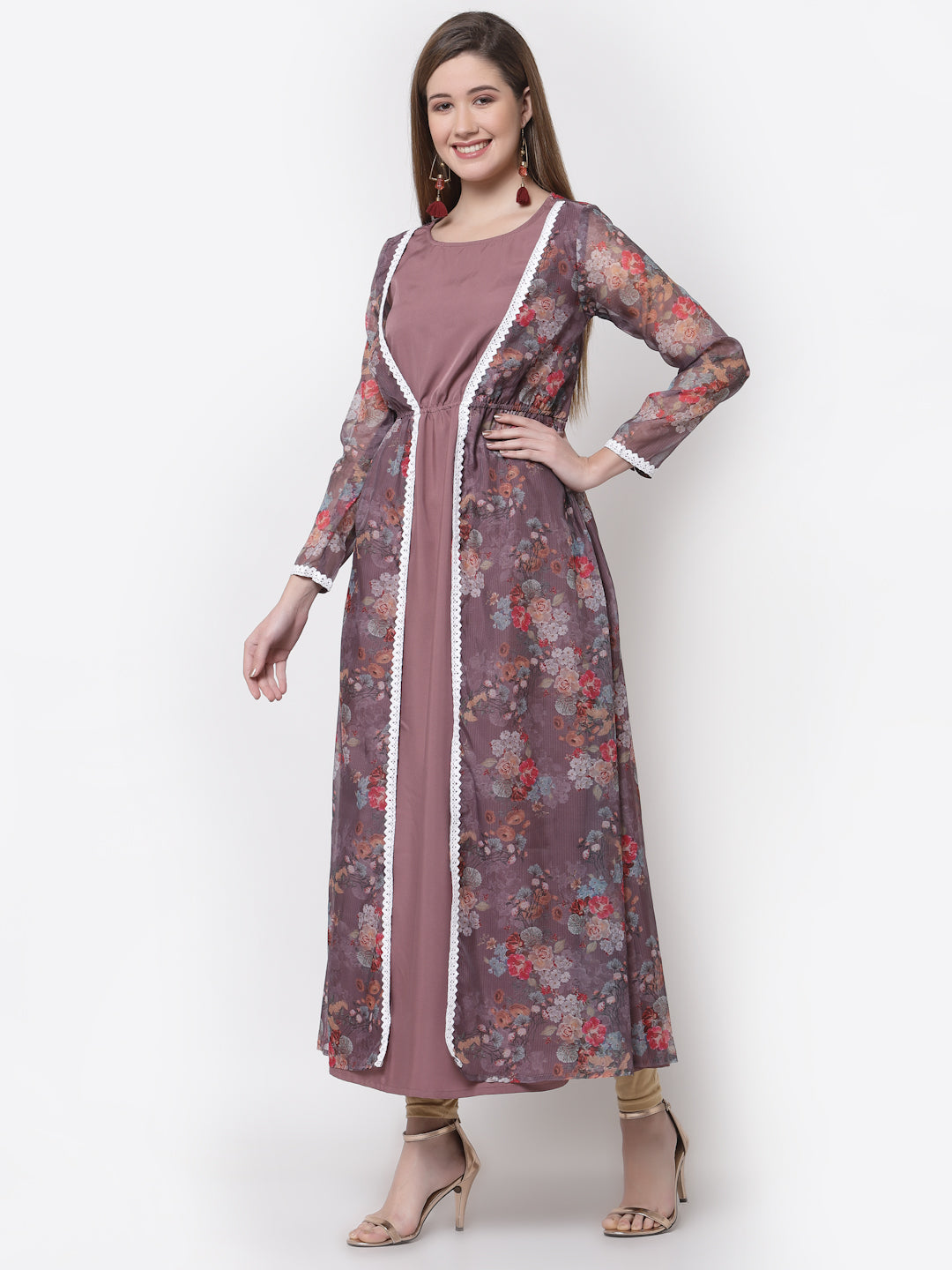 Women's Stylish Organza Round Neck Full Sleeve Printed Dress