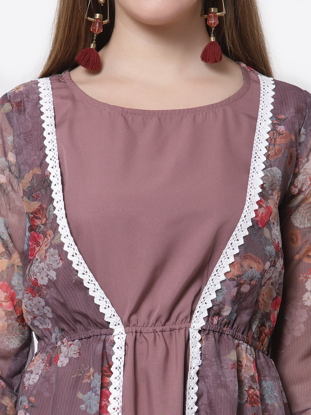 Women's Stylish Organza Round Neck Full Sleeve Printed Dress