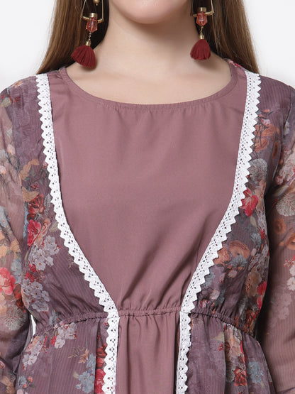 Women's Stylish Organza Round Neck Full Sleeve Printed Dress