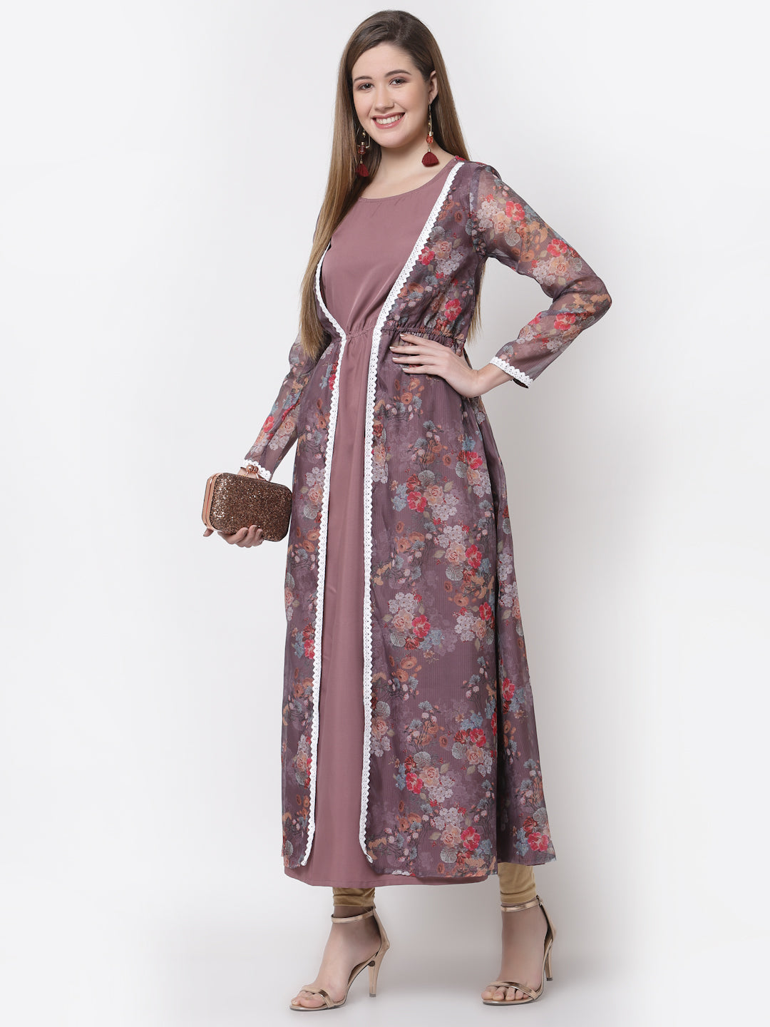 Women's Stylish Organza Round Neck Full Sleeve Printed Dress