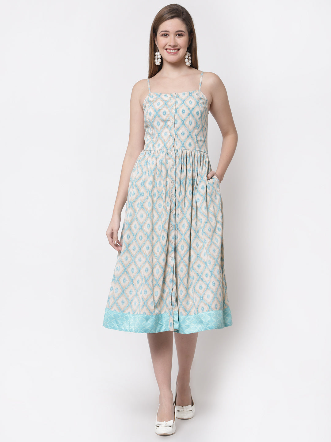 Women's Stylish Crepe Square Neck Sleeveless Printed Dress