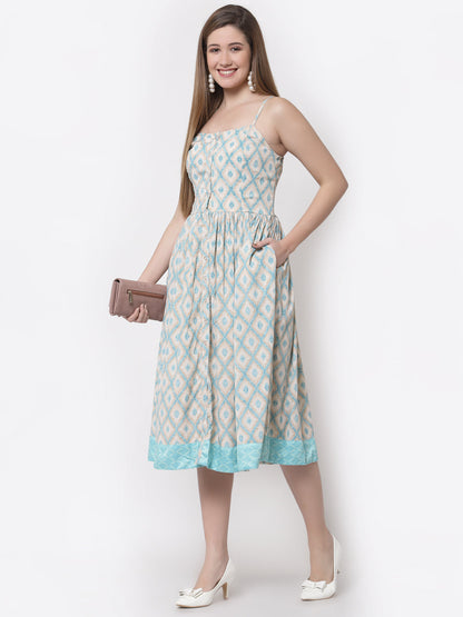 Women's Stylish Crepe Square Neck Sleeveless Printed Dress