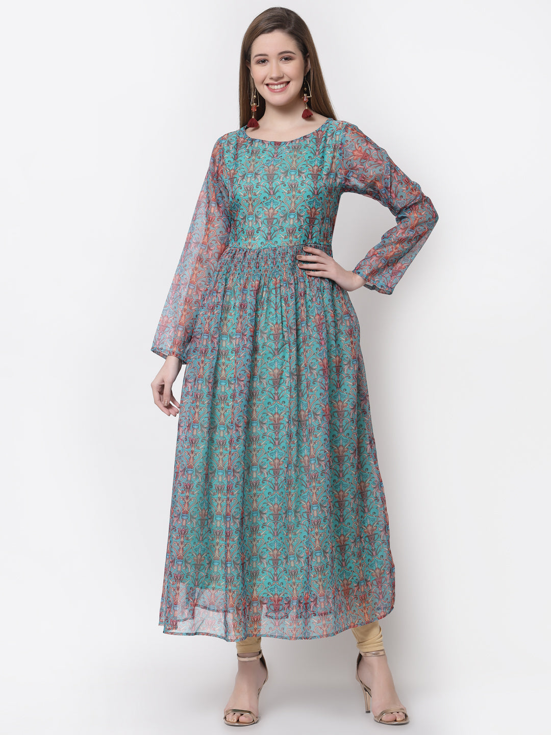 Women's Stylish Organza Round Neck Full Sleeve Printed Dress