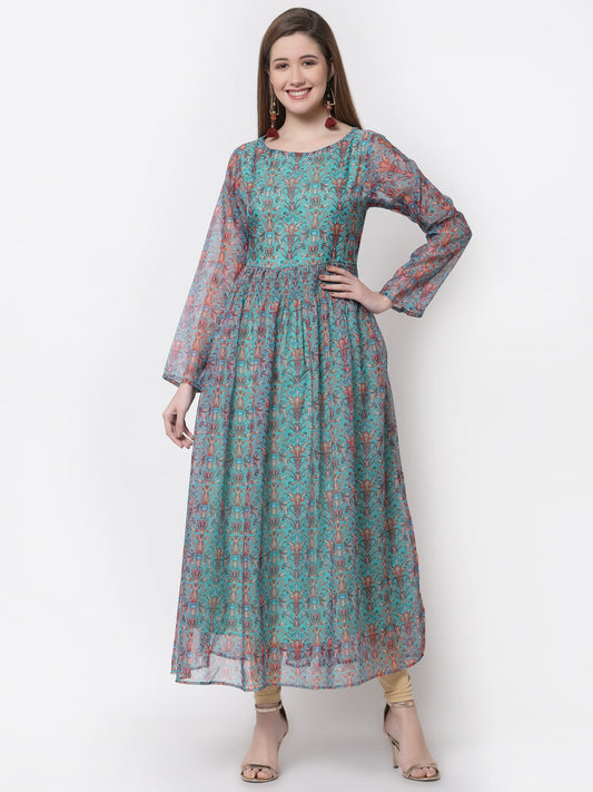 Women's Stylish Organza Round Neck Full Sleeve Printed Dress