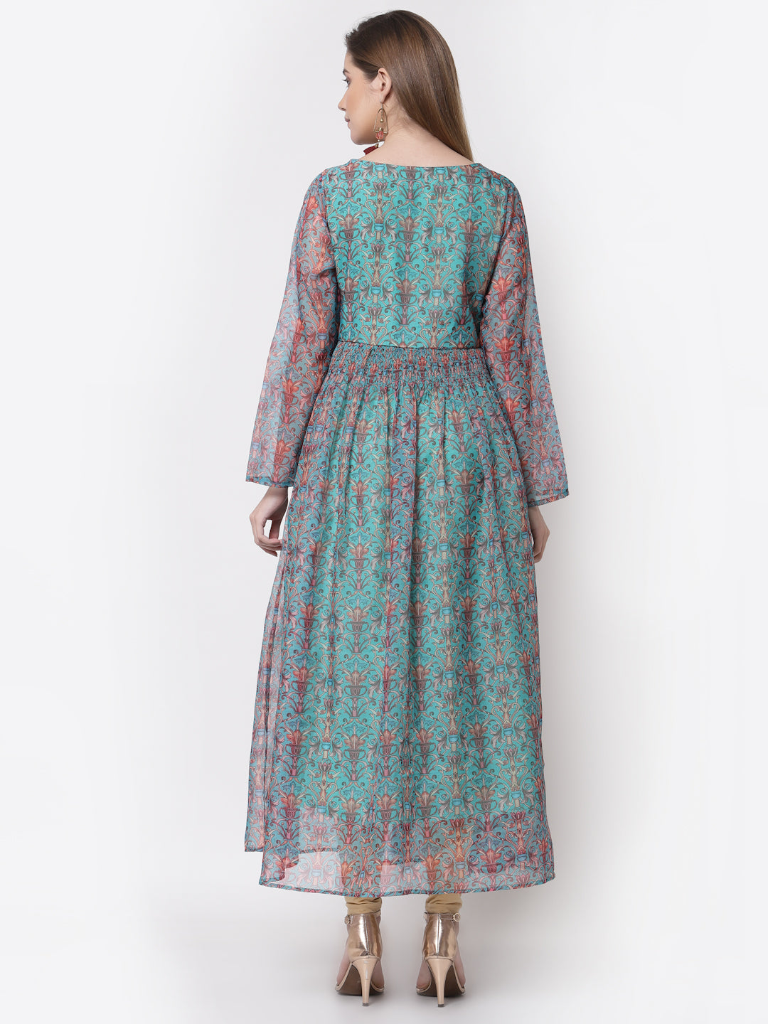 Women's Stylish Organza Round Neck Full Sleeve Printed Dress