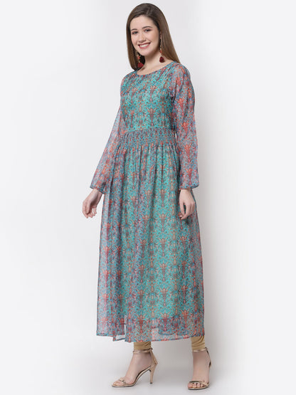 Women's Stylish Organza Round Neck Full Sleeve Printed Dress