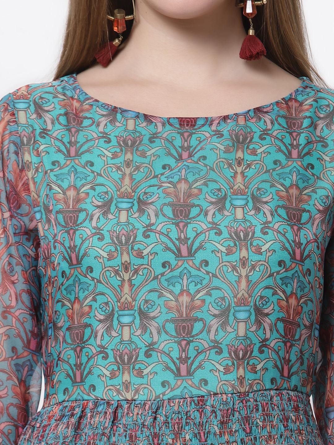 Women's Stylish Organza Round Neck Full Sleeve Printed Dress