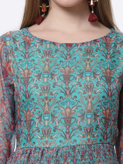 Women's Stylish Organza Round Neck Full Sleeve Printed Dress
