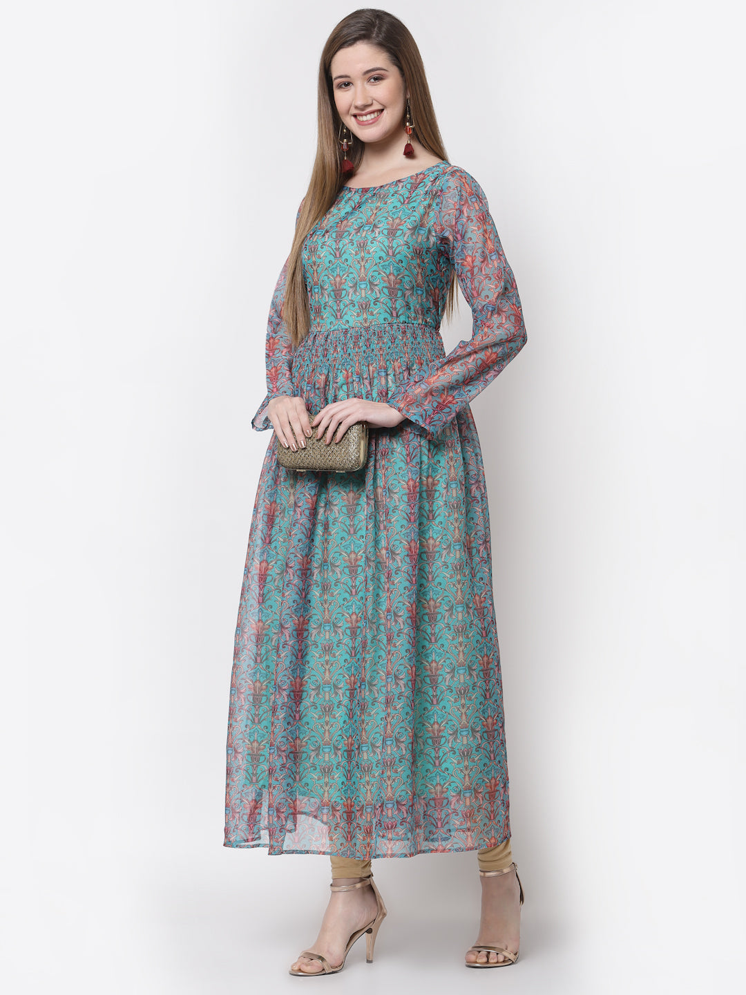 Women's Stylish Organza Round Neck Full Sleeve Printed Dress