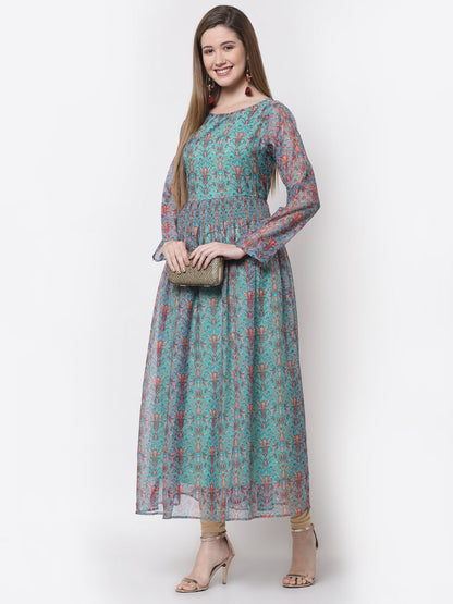 Women's Stylish Organza Round Neck Full Sleeve Printed Dress