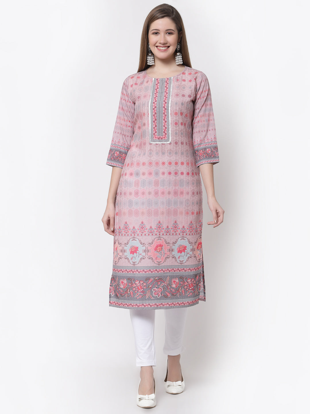 Women's Stylish Cotton Round Neck 3/4 Sleeve Printed Kurta