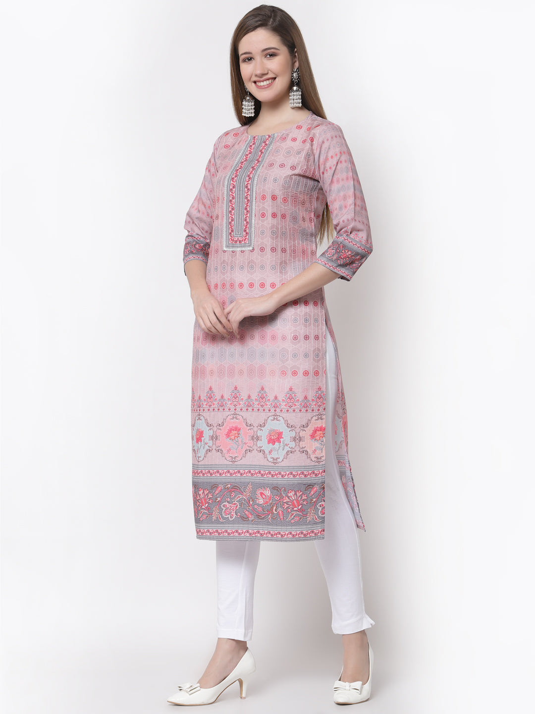 Women's Stylish Cotton Round Neck 3/4 Sleeve Printed Kurta