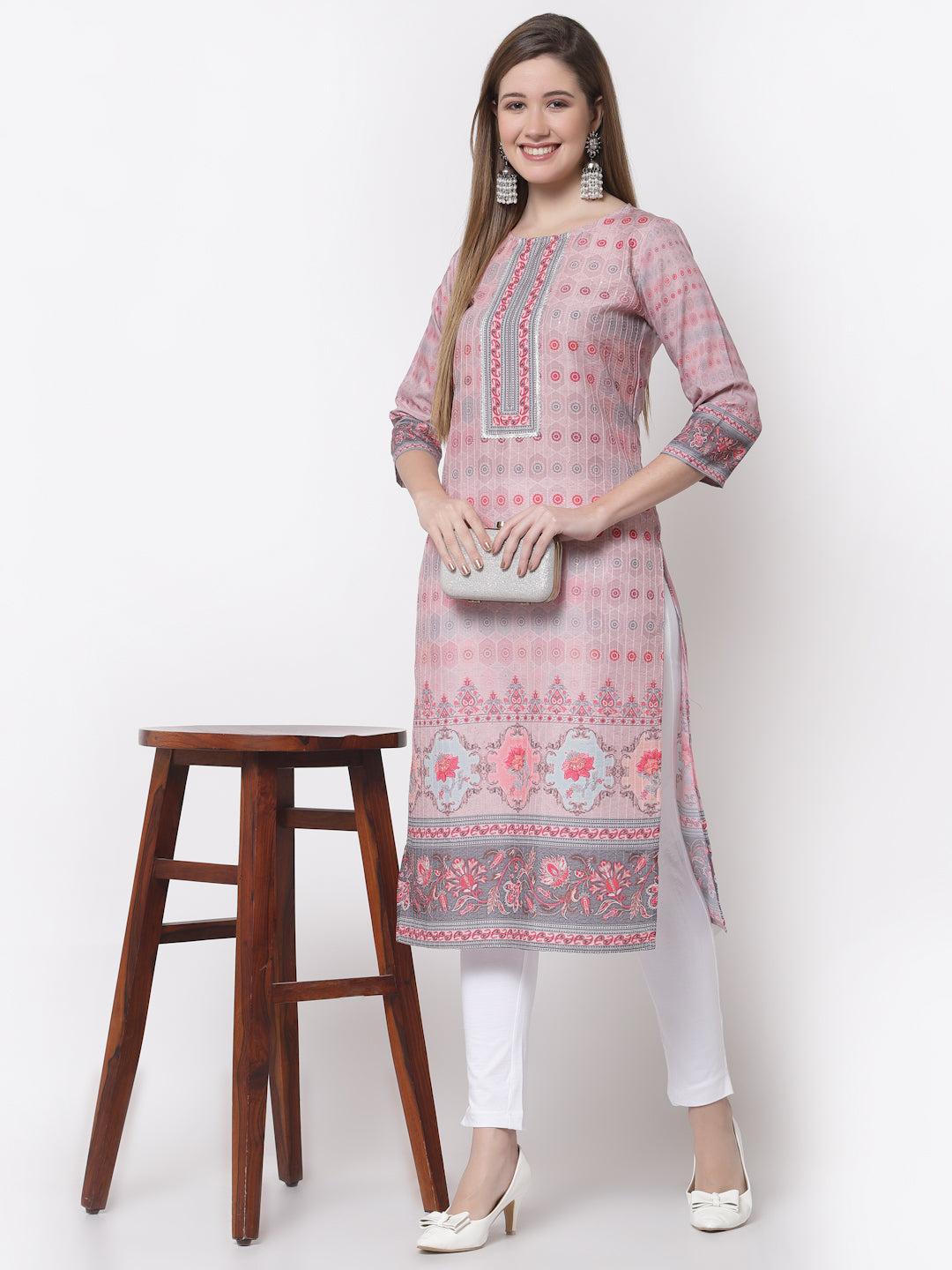 Women's Stylish Cotton Round Neck 3/4 Sleeve Printed Kurta