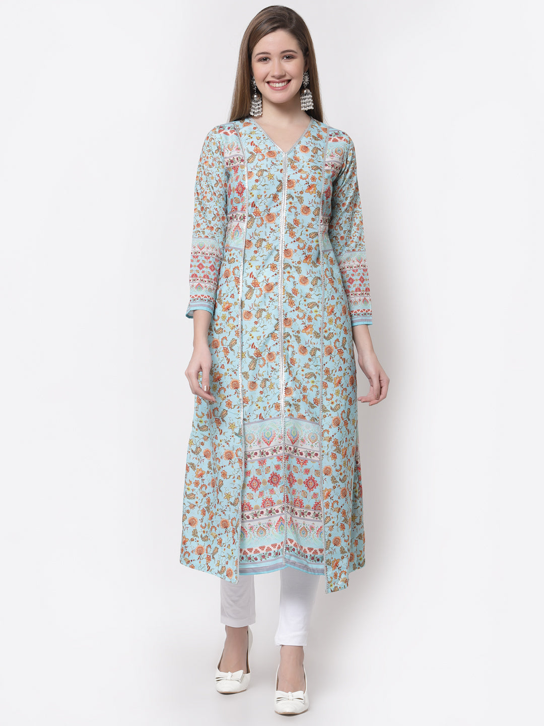Women's Stylish Cotton Square Neck 3/4 Sleeve Printed Kurta