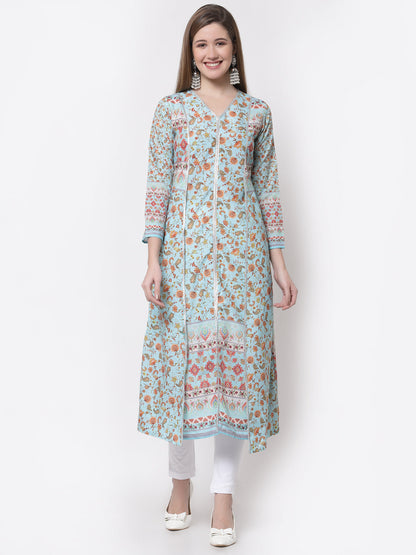 Women's Stylish Cotton Square Neck 3/4 Sleeve Printed Kurta