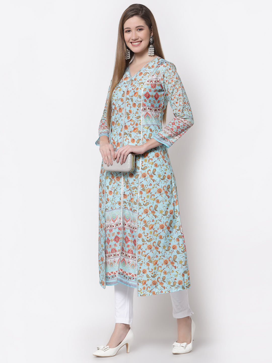 Women's Stylish Cotton Square Neck 3/4 Sleeve Printed Kurta