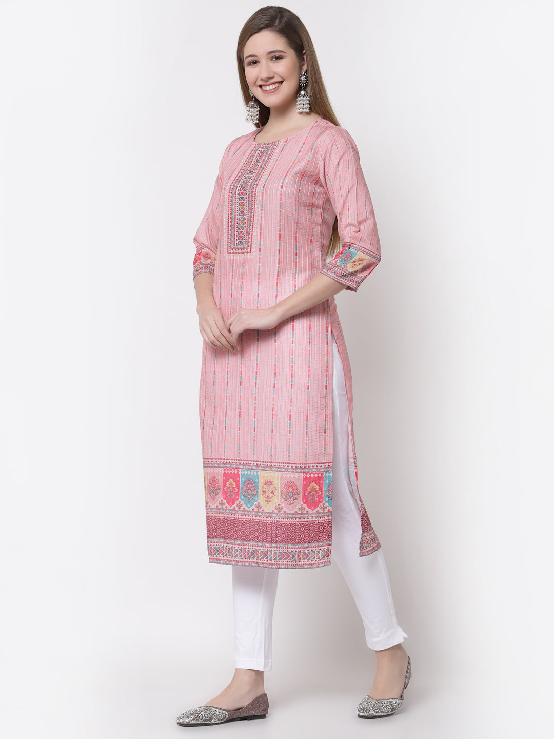Women's Stylish Cotton Round Neck 3/4 Sleeve Printed Kurta