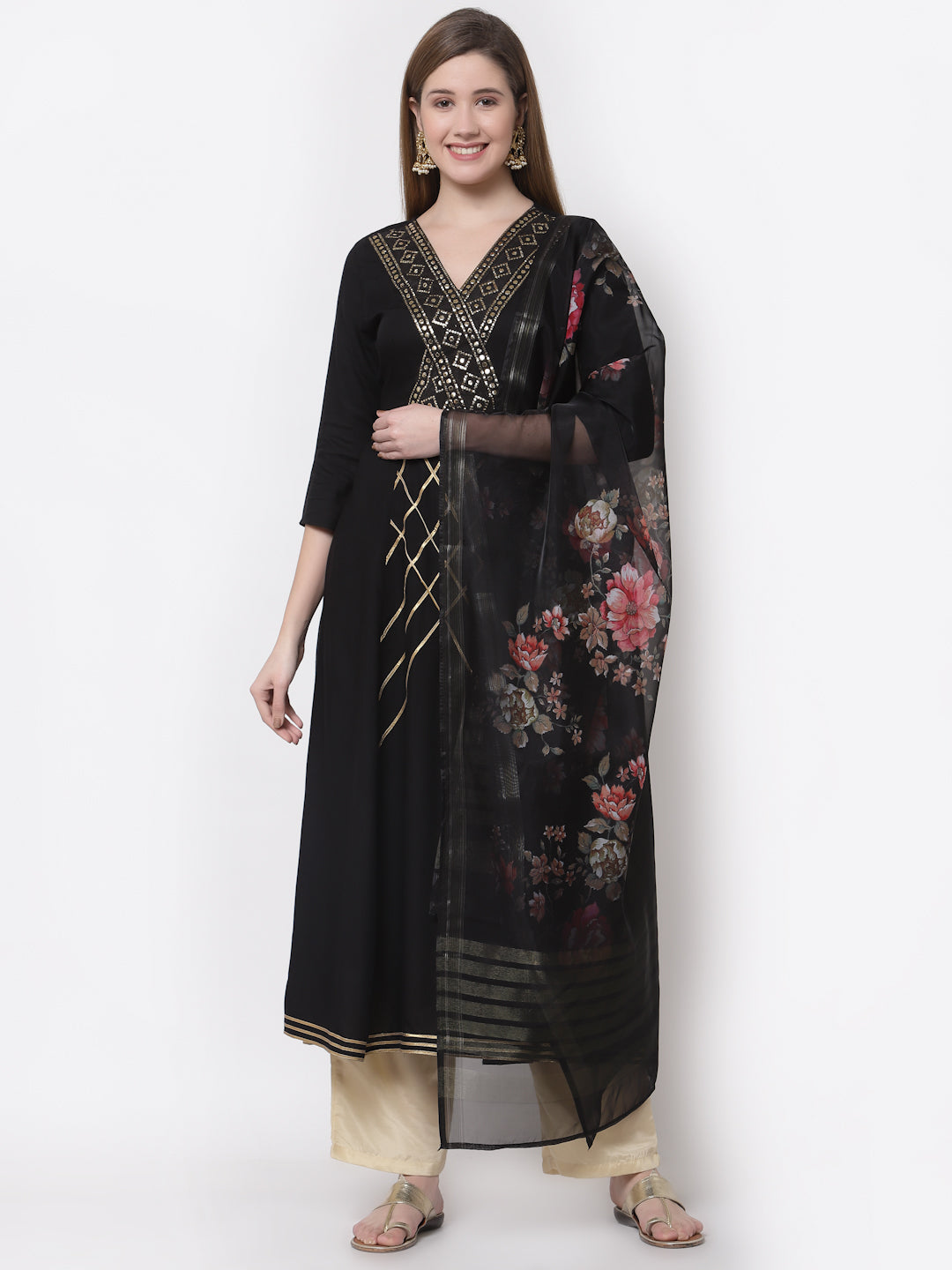 Women's Stylish Rayon V Neck 3/4 Sleeve Embroidered Kurta Dupatta Set