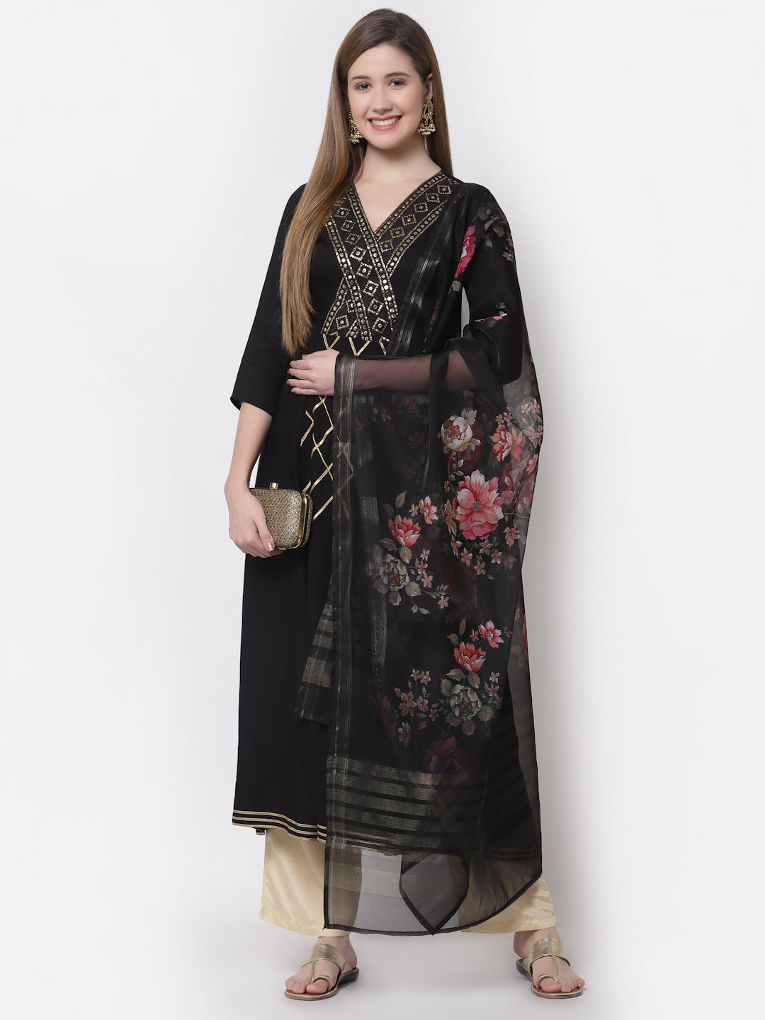 Women's Stylish Rayon V Neck 3/4 Sleeve Embroidered Kurta Dupatta Set
