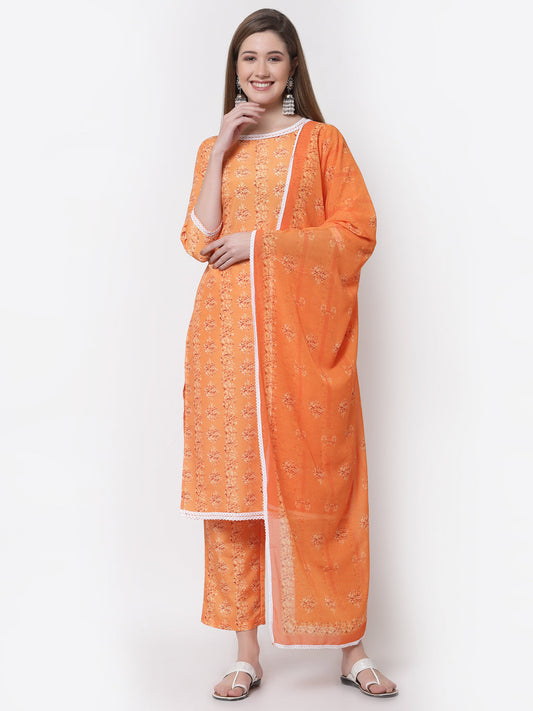 Women's Stylish Cotton Round Neck 3/4 Sleeve Printed Kurta Pant Dupatta Set