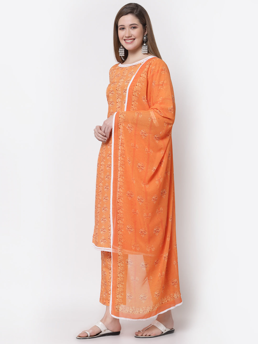 Women's Stylish Cotton Round Neck 3/4 Sleeve Printed Kurta Pant Dupatta Set