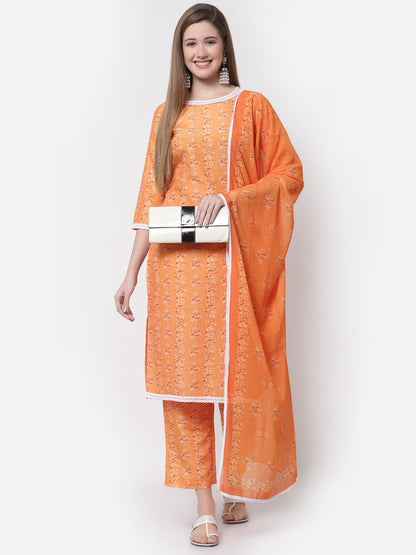 Women's Stylish Cotton Round Neck 3/4 Sleeve Printed Kurta Pant Dupatta Set