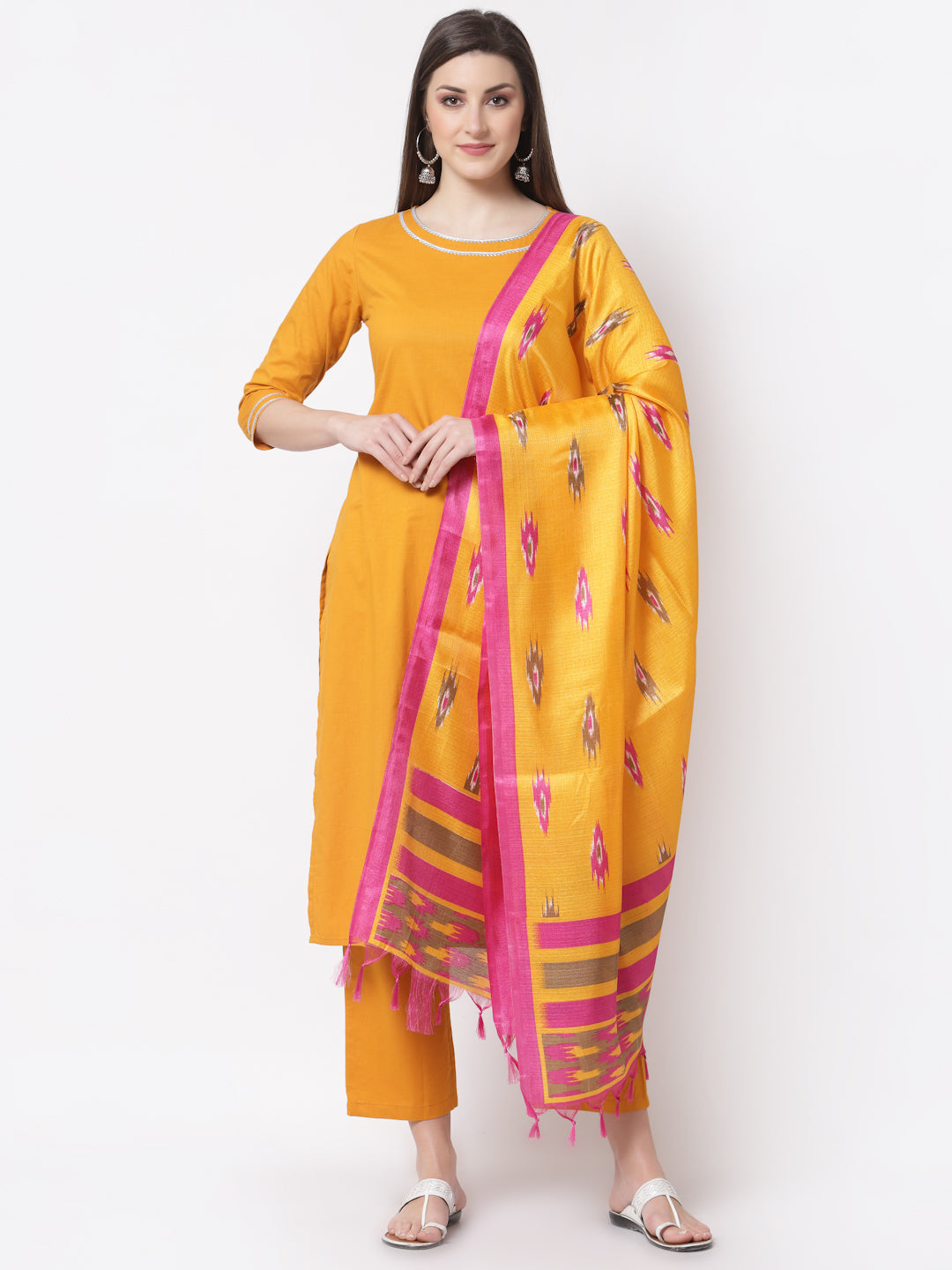 Women's Stylish Cotton Round Neck 3/4 Sleeve Solid Kurta Pant Dupatta Set