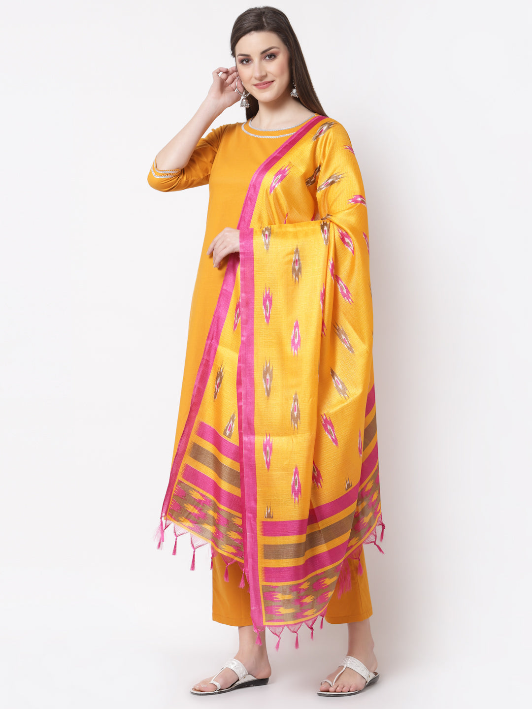 Women's Stylish Cotton Round Neck 3/4 Sleeve Solid Kurta Pant Dupatta Set