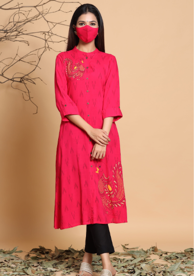 Rayon Slub Ikat Print A-Line Kurta With Mask