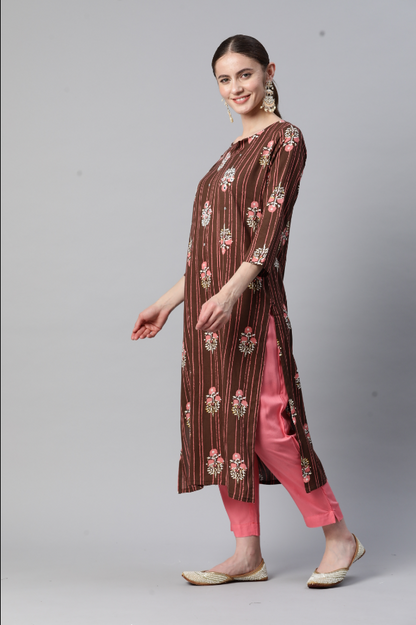 Women's Print & Embroidered Straight Rayon Brown Stitched Kurta Pant With Dupatta
