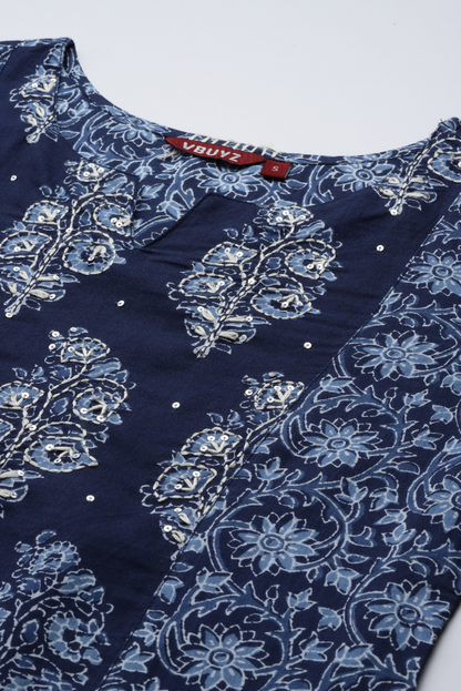 Women's Print & Hand Work Straight Cotton Blue Stitched Kurta
