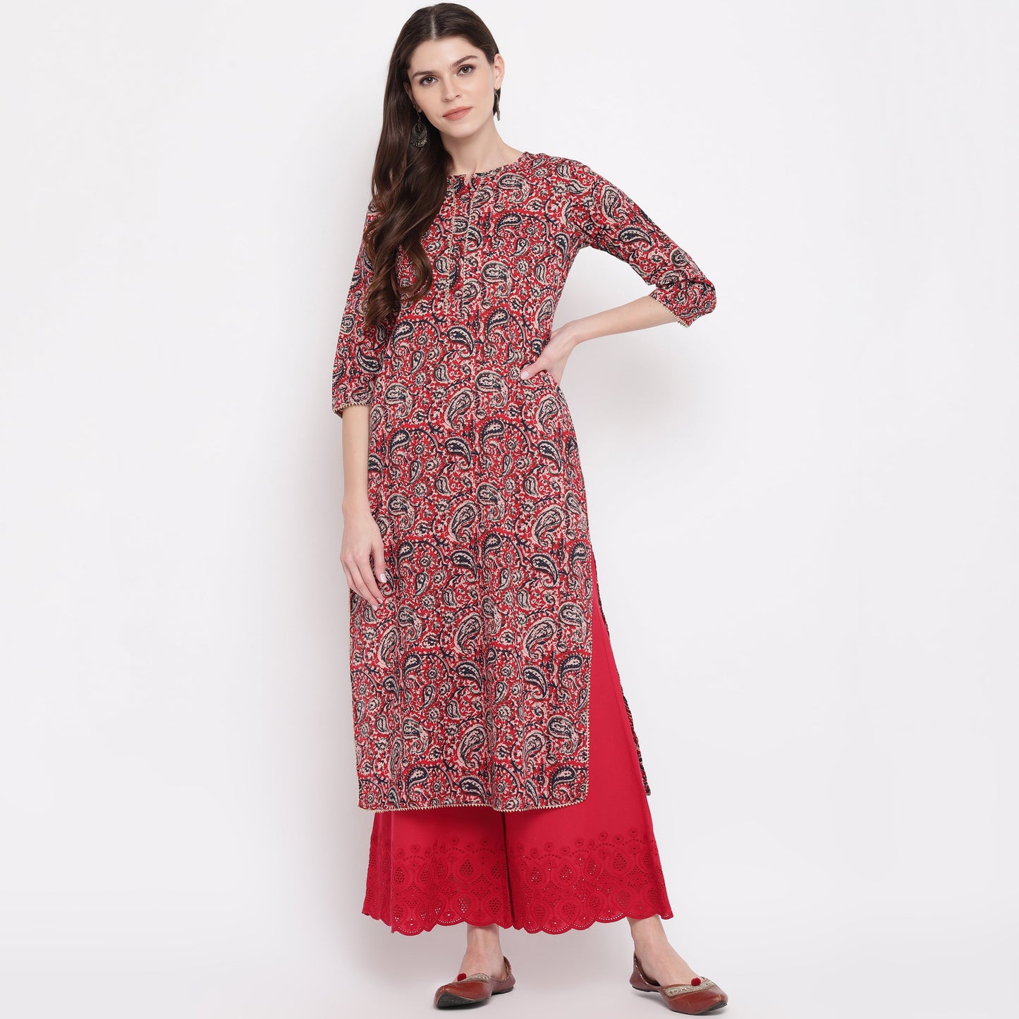 Women's Red Kalamkari Print Cotton Kurta By Vbuyz- (