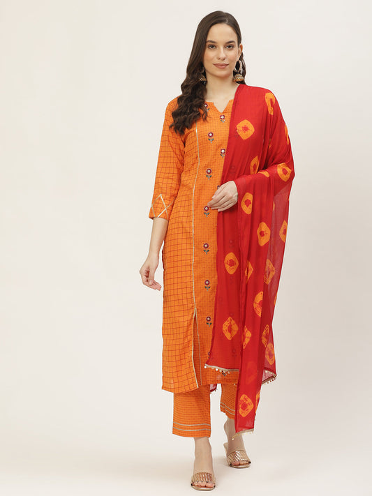 Women's Cotton Blend Kurta And Pant With Dupatta Set