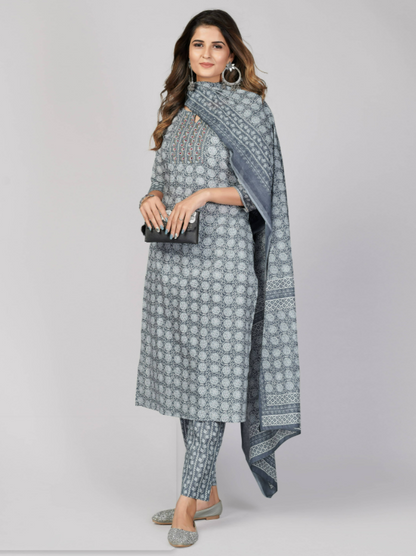 Women's Printed & Embellished & Mirror Work Straight Cotton Grey Stitched Kurta Pant With Dupatta (3Pcs Set)