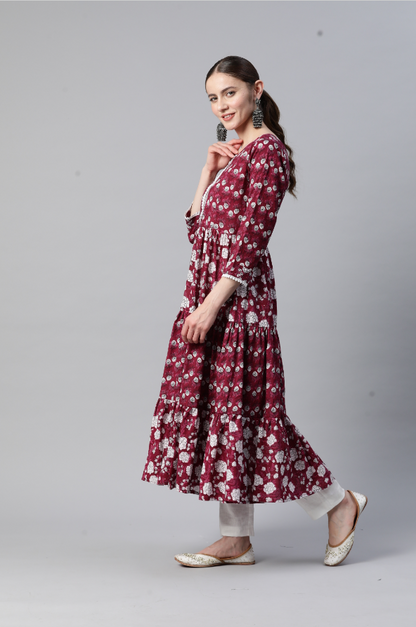 Women's Floral Printb & Lace Work Anarkali Cotton Dark Pink Stitched Kurta