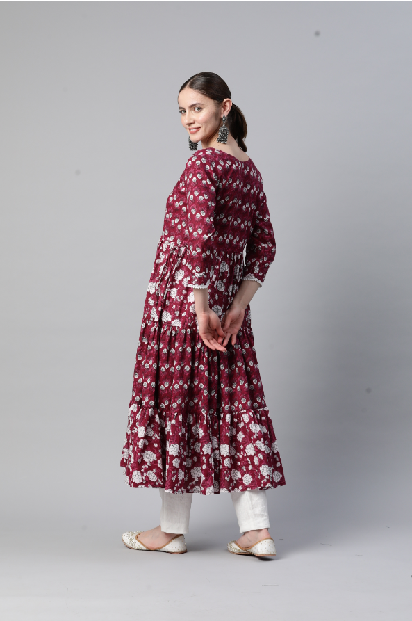 Women's Floral Printb & Lace Work Anarkali Cotton Dark Pink Stitched Kurta