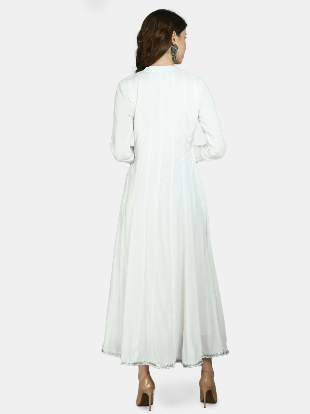 Women's White Viscose Solid Full Sleeve V Neck Casual Anarkali Kurta Dupatta Set
