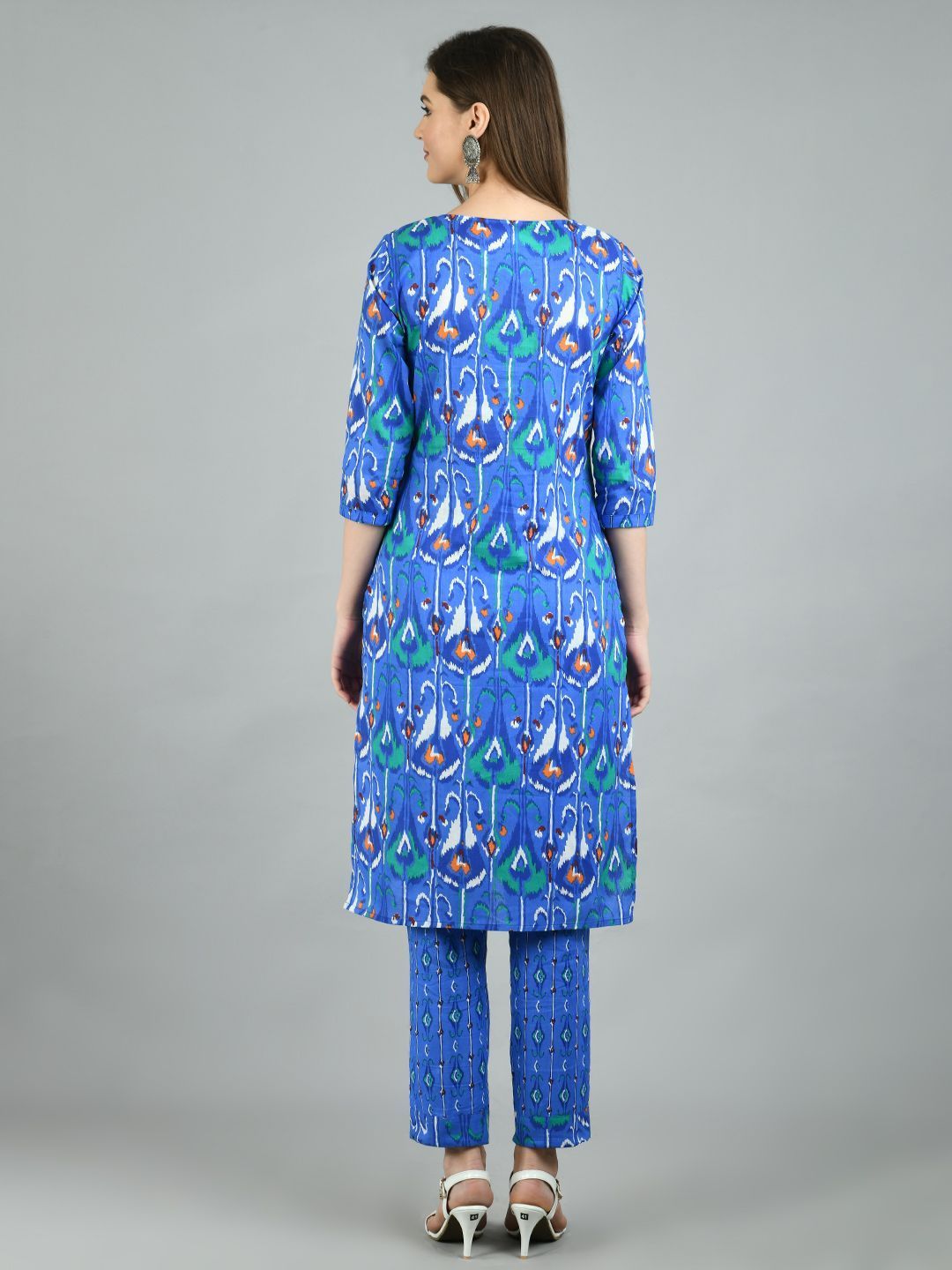 Women's Blue Cotton Printed 3/4 Sleeve Round Neck Casual Kurta Pant Set
