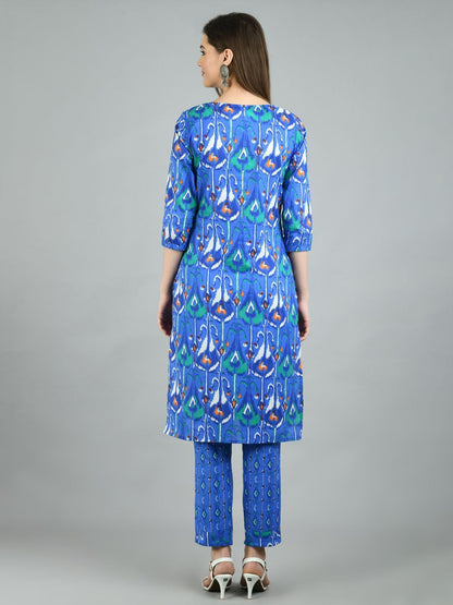 Women's Blue Cotton Printed 3/4 Sleeve Round Neck Casual Kurta Pant Set