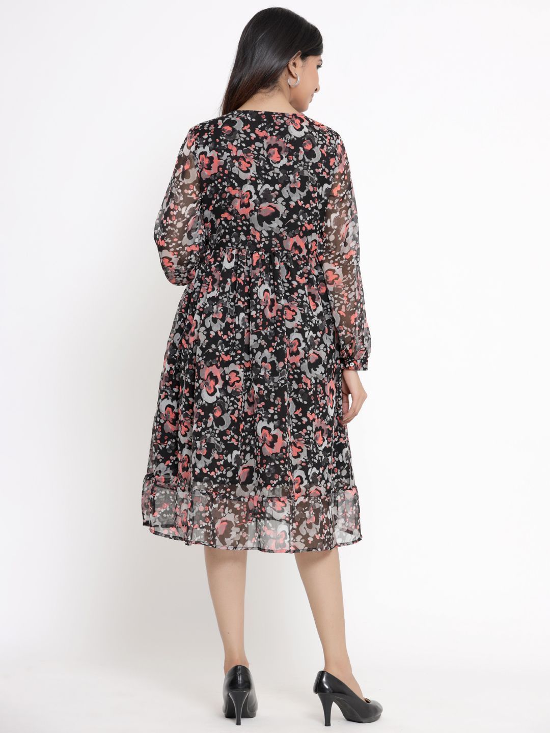 Women's Black Chiffon Printed Flared Dress