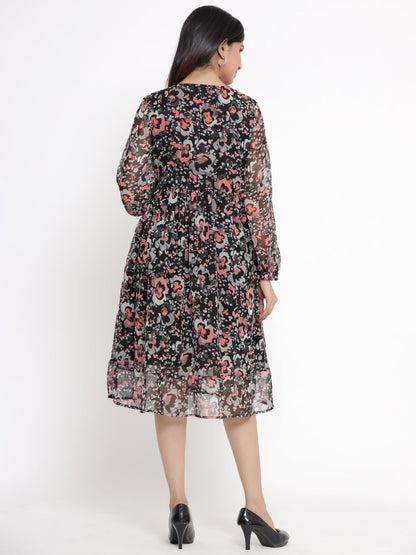 Women's Black Chiffon Printed Flared Dress