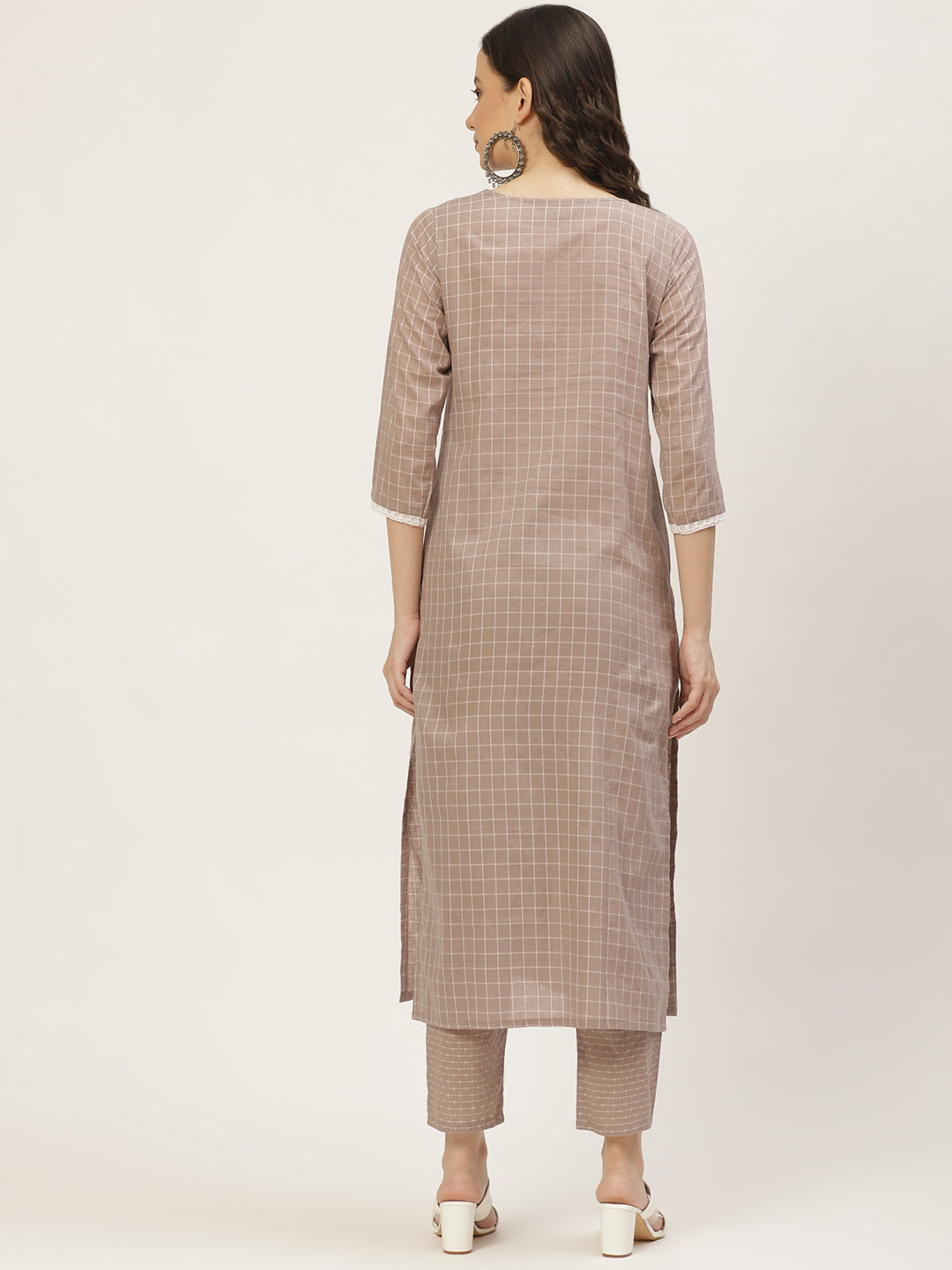 Women's Grey Color Cotton Blend Checked Striped Straight Kurta Pant Set